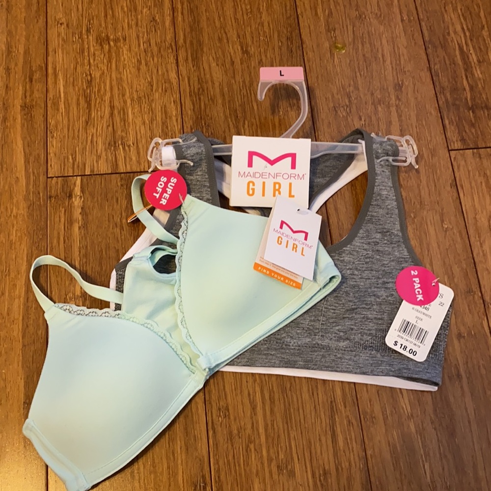 NWT 3 Maidenform Girls Bras - 34A Mint Green and 2 Pack Gray And White L